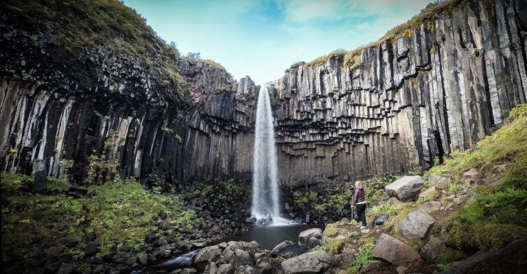 cascada de svartifoss en islandia, formaciones rocosas a su alrededor - weroad