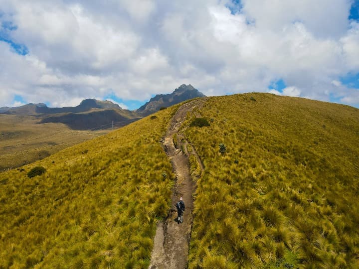montaña con hiera amarilla y una persona caminando por un sendero en el medio, volcan Pichincha, ecuador - weroad