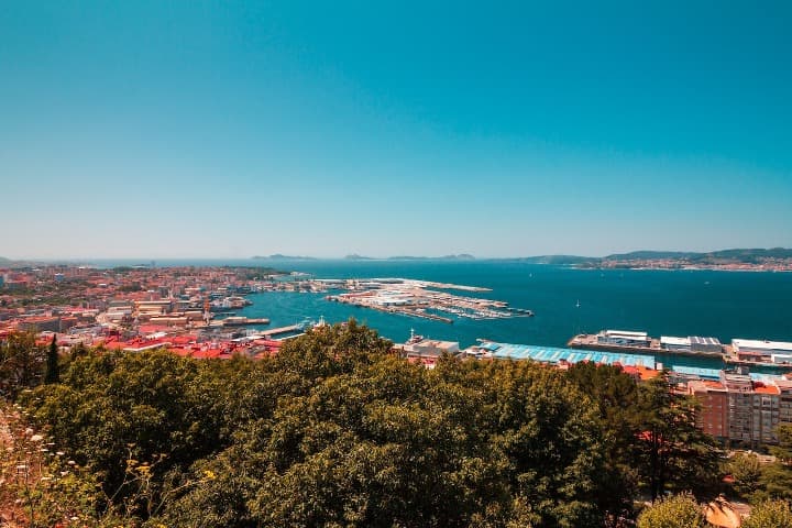 vista panoramica de vigo y su puerto, arboles en primer plano, galicia - weroad