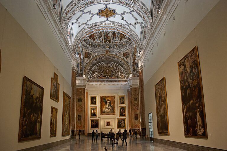 interior del museo de bellas artes, cuadros colgados a paredes y techo decorado