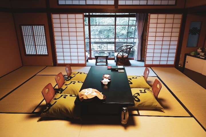 ryokan, salon japones con mesa y cojines al suelo