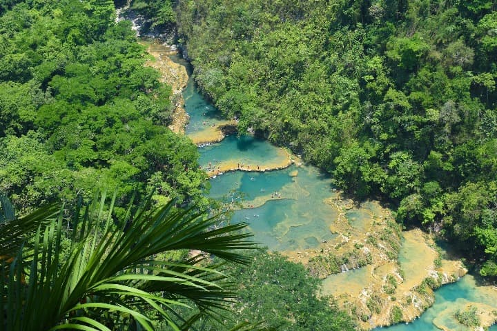 rio escalonado en medio de la naturaleza verde, semuc champey, algo que ver en guatemala