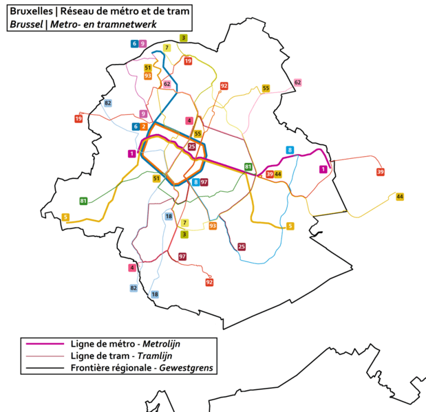 Mapa de las líneas de metro y tranvía en Bruselas