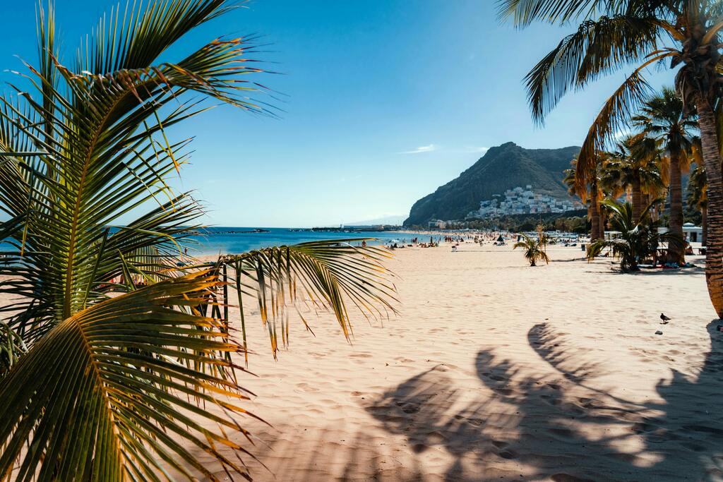 Playa Las Teresitas en Tenerife con su arena dorada, palmeras y aguas tranquilas, ideal para un día de relax.