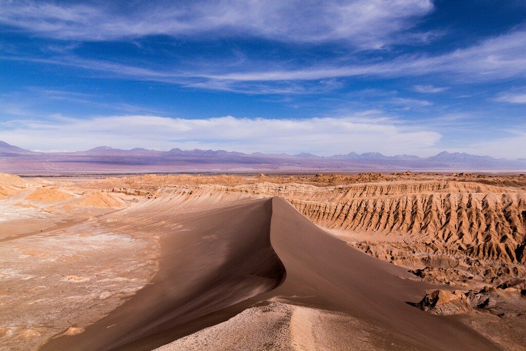 Duna gigante en el Desierto de Atacama con cielo despejado y cordillera al fondo
