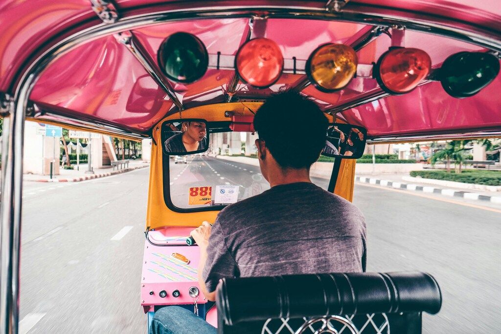 Vista trasera de una persona conduciendo un tuk-tuk colorido en una calle de la ciudad.