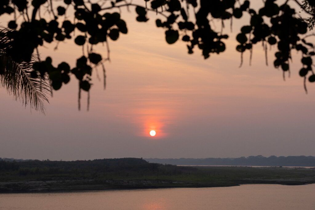 Una puesta de sol sobre el río Mamoré en Bolivia, con la silueta de hojas en primer plano y un cielo en tonos rosados.
